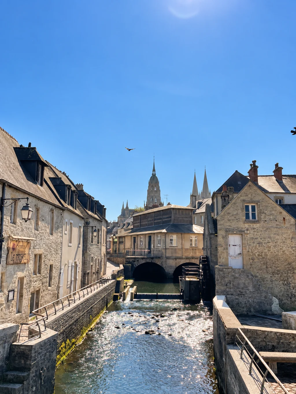 L’Aure, les maisons de pierre et la cathédrale de Bayeux